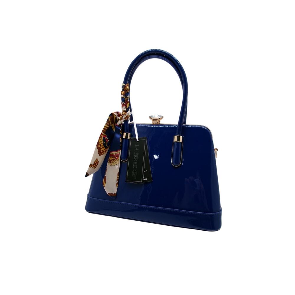 Vintage Navy Blue Patent Leather Shell Handbag w/ Twilly